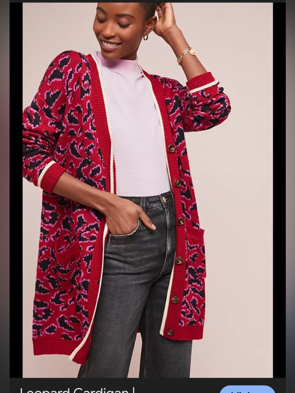 Anthropologie Red & Pink Leopard-Print Long Cardigan